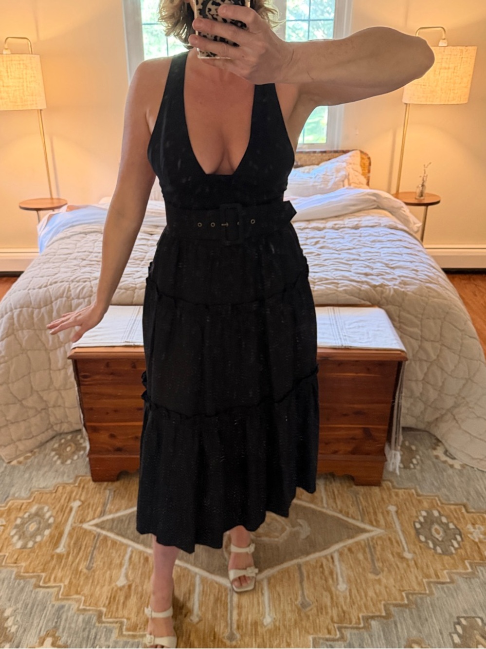 Shona Joy Black Sleeveless V-Neck Tiered Belted Midi Dress